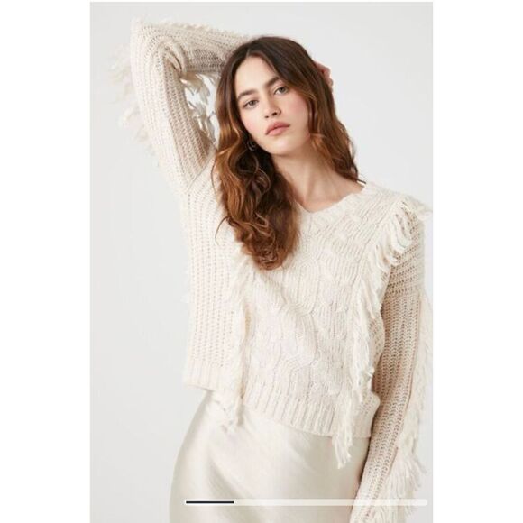 Fringed Cable Knit Sweater Beige Juniors - Picture 1 of 7